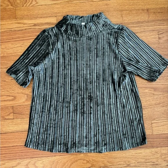 Loft Blouse Women’s Medium Metallic Green Mock Neck Ribbed Shirt Velour Velvet - Picture 1 of 5